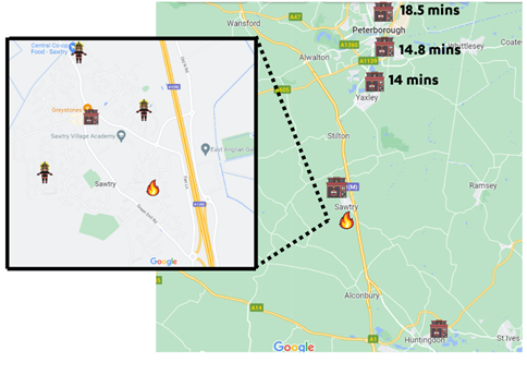 Map showing the an example of the distances fire engines are to an incident in relation to on-call firefighters in the area
