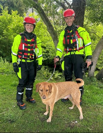 Firefighters with dog